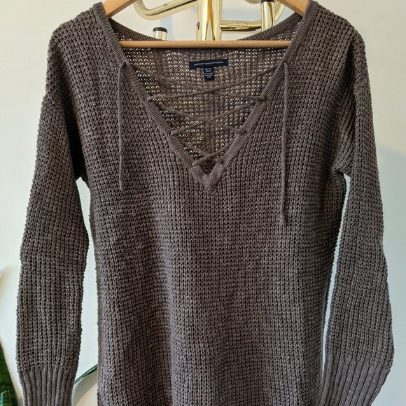 Taupe Knit Sweater with Criss-Cross front - Picture 1 of 8
